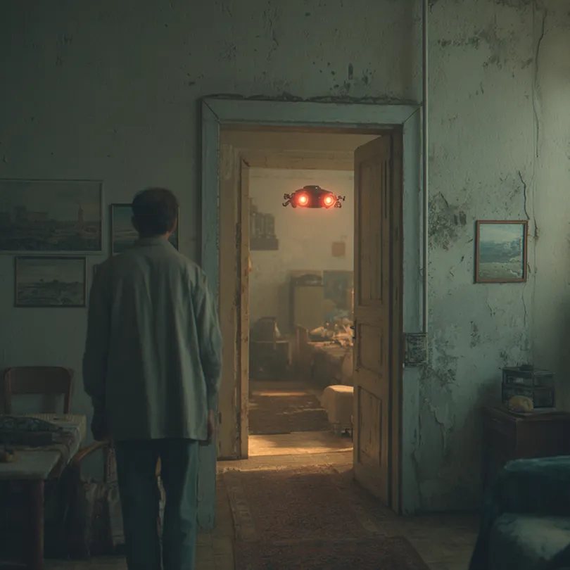Man standing in a dimly lit room facing an open door where a small drone with glowing red lights hovers.